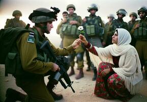 palestino mulher oferta Paz flor para israelense soldado. generativo ai. foto