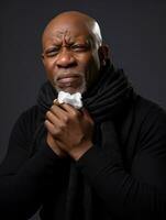 africano homem é mostrando sofrimento a partir de frio com escorrendo nariz em cinzento fundo ai generativo foto