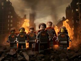 Lego Heróis equipe acima para Salve  a mundo ai generativo foto