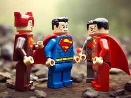 Lego Heróis equipe acima para Salve  a mundo ai generativo foto