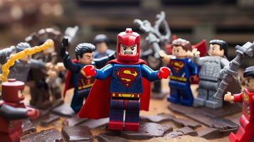 Lego Heróis equipe acima para Salve  a mundo ai generativo foto