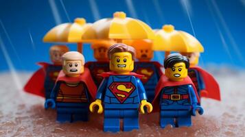 Lego Heróis equipe acima para Salve  a mundo ai generativo foto