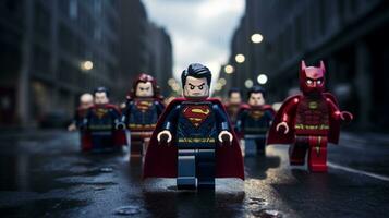 Lego Heróis equipe acima para Salve  a mundo ai generativo foto