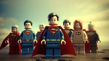 Lego Heróis equipe acima para Salve  a mundo ai generativo foto