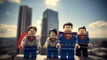 Lego Heróis equipe acima para Salve  a mundo ai generativo foto