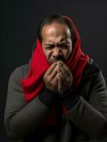 mexicano homem é mostrando sofrimento a partir de frio com escorrendo nariz em cinzento fundo ai generativo foto