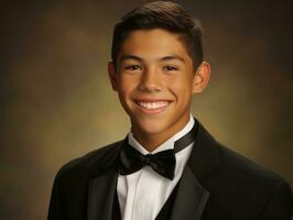 sorridente jovem homem do mexicano descida vestido dentro a terno ai generativo foto