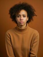 africano mulher é triste em uma minimalista neutro fundo ai generativo foto