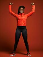 jovem africano mulher vestido dentro roupa de esporte claramente ativo e cheio do energia ai generativo foto