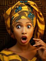 jovem mulher com africano características quem parece para estar chocado ai generativo foto