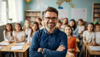 uma jovem masculino professor com uma brilhante sorrir carrinhos às a frente do dele sala de aula, cercado de feliz alunos quem estão ansioso para aprender. generativo ai foto