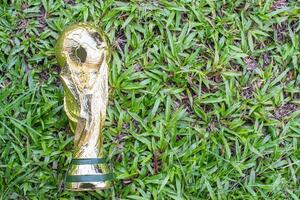 mundo xícara, mundo copo vencedora troféu. a conceito para a troféu do a fifa mundo copo em a verde Relva do a futebol campo. foto