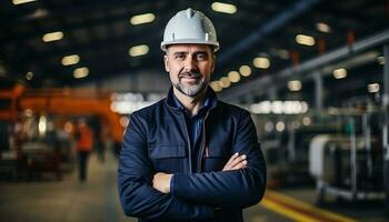 uma masculino industrial engenheiro vestindo uma segurança capacete e de outros protetora equipamento trabalho cuidadosamente dentro uma fabricação fábrica, garantindo a segurança e eficiência do operações. generativo ai. foto