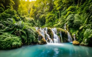 em cascata cascata sinfonia, uma cativante instantâneo do da natureza majestoso poder no meio exuberante, verdejante copas. ai gerado foto
