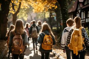 uma grupo do feliz jovem alunos, Incluindo uma garota, e Garoto com uma mochila, andar para escola junto, conversando e rindo Como elas apreciar seus amizade e a excitação do aprendizado. generativo ai foto