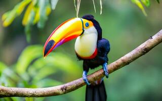 uma caleidoscópio do tropical elegante, do tucano vibrante cores dentro a floresta tropical. ai gerado foto