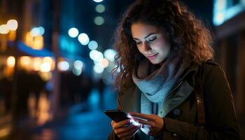 jovem mulheres dentro a cidade luz acima a noite com seus smartphones, conectando com amigos e família, ficando informado, e explorando a mundo por aí eles. generativo ai. foto