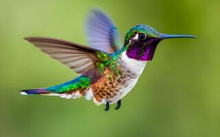 capturando da natureza jóia, uma hipnotizante vislumbre do uma vibrante beija Flor dentro gracioso no meio do vôo elegância. ai gerado foto