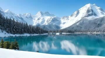 uma vislumbre do serenidade - alpino do lago reflexão em meio a majestoso coberto de neve picos. ai gerado foto