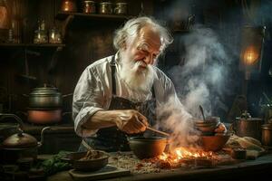 compassivo cozinhar velho homem vegano cozinha. gerar ai foto