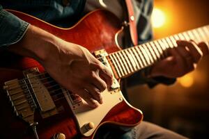 apaixonado mãos jogando guitarra música. gerar ai foto