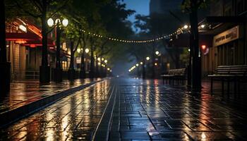 calçada às noite depois de chuva com molhado ruas ai generativo foto