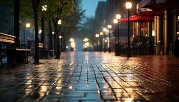 calçada às noite depois de chuva com molhado ruas ai generativo foto