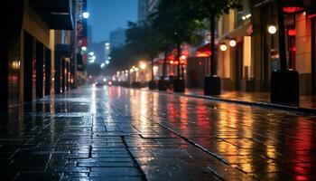 calçada às noite depois de chuva com molhado ruas ai generativo foto
