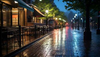 calçada às noite depois de chuva com molhado ruas ai generativo foto