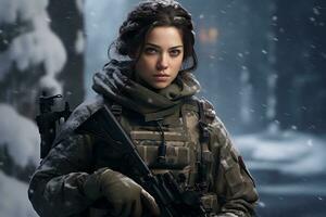 uma fêmea soldado é em dever dentro uma Nevado Lugar, colocar ai generativo foto