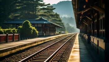 uma quieto trem estação com uma pano de fundo do montanhas e pinho árvores ai generativo foto