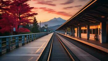 uma quieto trem estação com uma pano de fundo do montanhas e pinho árvores ai generativo foto