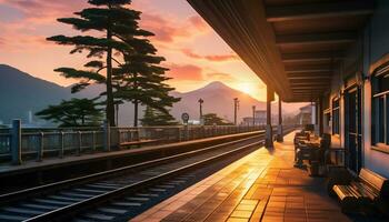 uma quieto trem estação com uma pano de fundo do montanhas e pinho árvores ai generativo foto