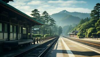 uma quieto trem estação com uma pano de fundo do montanhas e pinho árvores ai generativo foto
