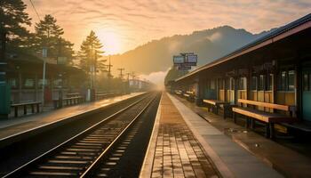 uma quieto trem estação com uma pano de fundo do montanhas e pinho árvores ai generativo foto