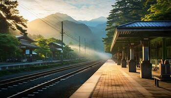 uma quieto trem estação com uma pano de fundo do montanhas e pinho árvores ai generativo foto