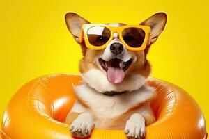 corgi cachorro vestindo oculos de sol com inflável de praia piscina nadar anel em amarelo fundo. generativo ai foto
