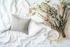 branco cor plano deitar com almofadas e seco flores boho estilo. generativo ai foto