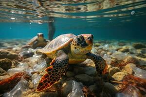 do oceano apuro plástico prejudicando marinho vida e amplificando de Meio Ambiente impacto. generativo ai foto