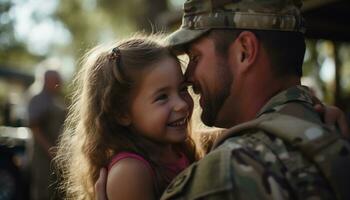 a afetuoso reunião do uma militares pai com dele jovem filha preenchidas seus família com alegria Como elas veio junto, a vinculo entre pai e criança mais forte que sempre. generativo ai foto