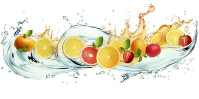 redemoinho água respingo com frutas. líquido fluxo com gelo cubos e uma misturar do fresco frutas. generativo ai foto