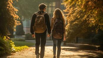 uma grupo do feliz jovem alunos, Incluindo uma garota, e Garoto com uma mochila, andar para escola junto, conversando e rindo Como elas apreciar seus amizade e a excitação do aprendizado. generativo ai foto