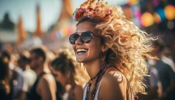 uma senhora risos com alegria e felicidade Como ela relaxa em a de praia às uma verão festa, cercado de amigos e família, com a mar brisa dentro dela cabelo e a Sol em dela face. generativo ai foto