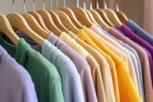 colorida roupas em uma roupas prateleira, pastel colorida armário de roupa dentro uma compras loja ou quarto, arco Iris cor roupas escolha em cabides, casa guarda roupa conceito imagem. ai generativo foto