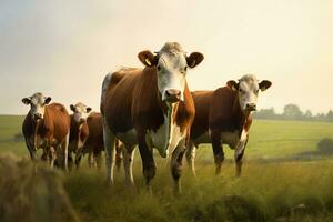 grupo do vacas em pé dentro uma gramíneo campo. ai gerado foto