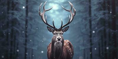 nobre veado masculino dentro a inverno neve floresta. artístico inverno Natal panorama. ai gerado foto