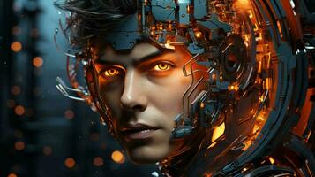 lindo cyborg robô mulher futurista alta tecnologia mistura do humano e computador. sinergia entre humanidade e artificial inteligência dentro a futuro foto