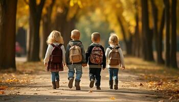 uma grupo do feliz jovem alunos, Incluindo uma garota, e Garoto com uma mochila, andar para escola junto, conversando e rindo Como elas apreciar seus amizade e a excitação do aprendizado. generativo ai foto