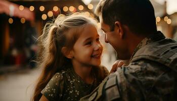 a afetuoso reunião do uma militares pai com dele jovem filha preenchidas seus família com alegria Como elas veio junto, a vinculo entre pai e criança mais forte que sempre. generativo ai foto