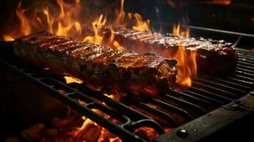 gerado por IA delicioso carne frito bifes em a grade cozinhou em fogo foto